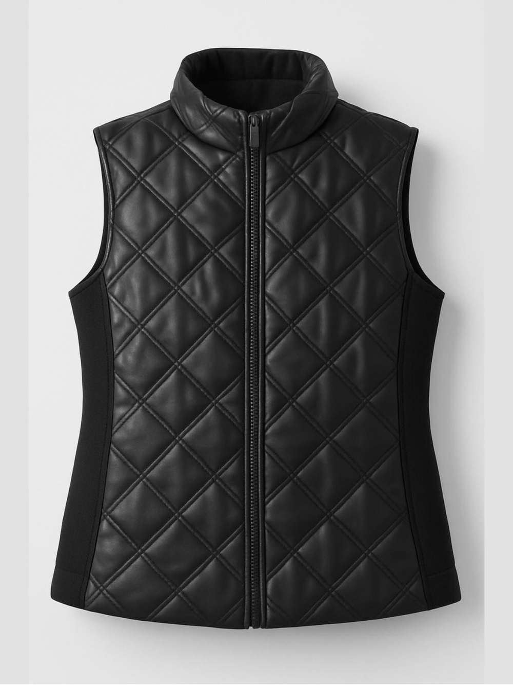 Chico's | Quilted Faux‎ Leather Vest Women's Large Black Zip Front Stretch Sides